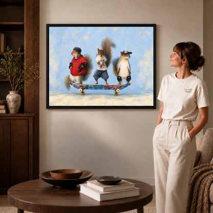 skateboard squirrel trio canvas art in a black frame beside a woman and round wooden table.