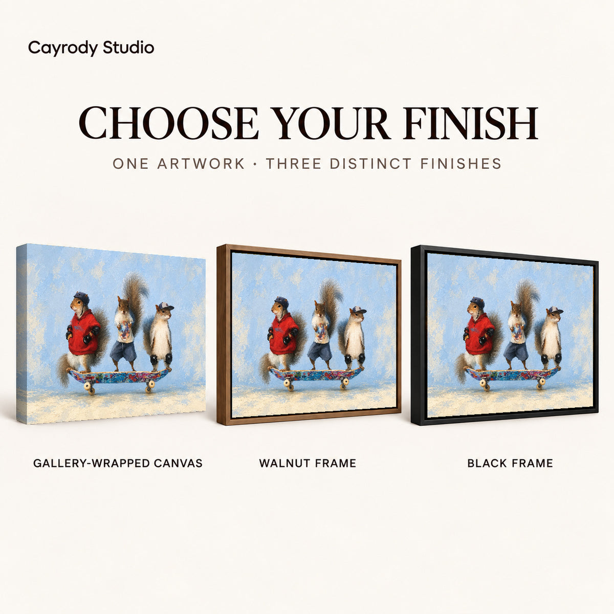 skateboard squirrel trio canvas art compared across gallery-wrapped canvas, walnut frame, and black frame finishes.