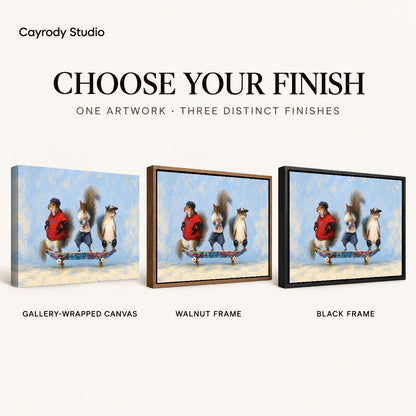 skateboard squirrel trio canvas art compared across gallery-wrapped canvas, walnut frame, and black frame finishes.