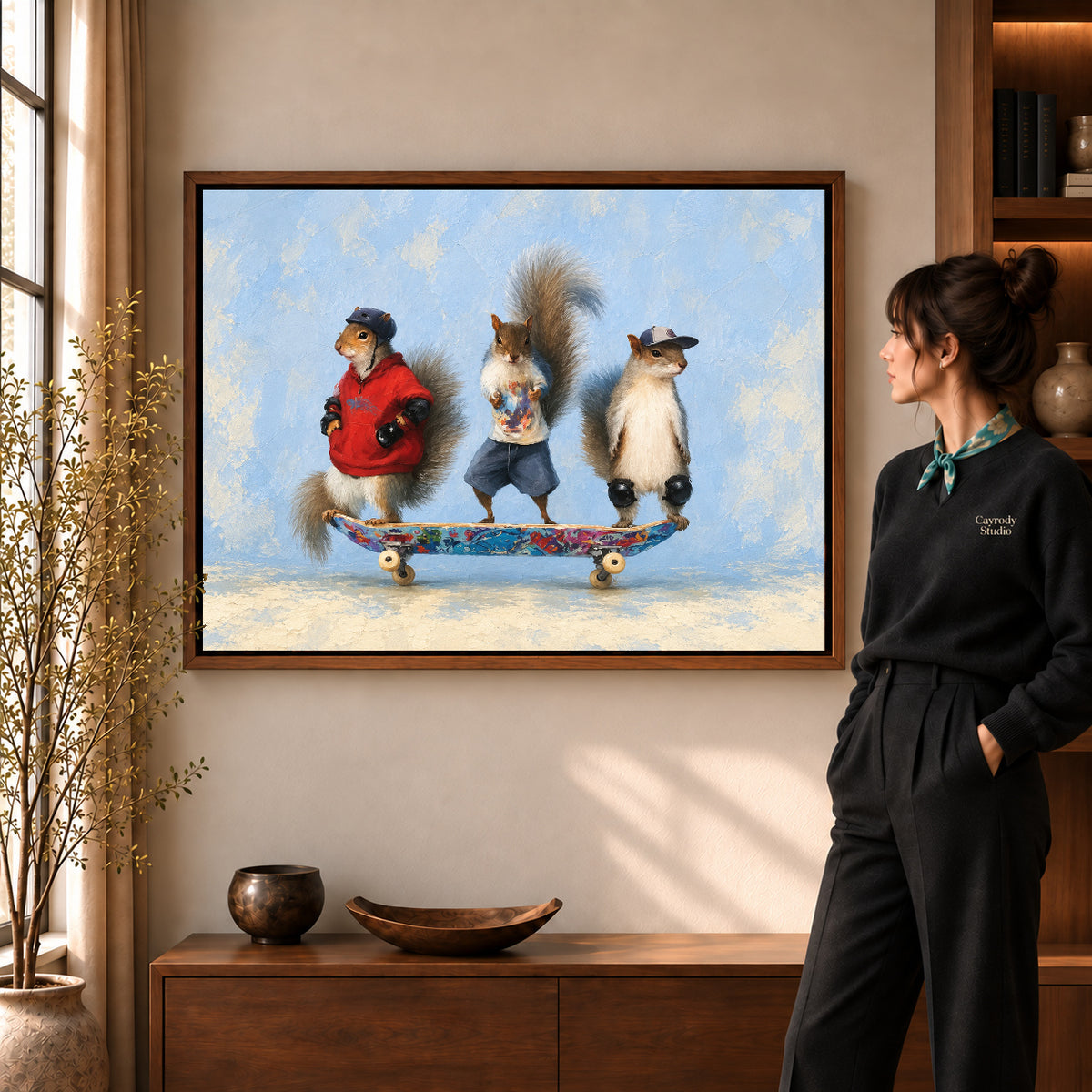skateboard squirrel trio canvas art shown in the walnut frame option within a warm living room.