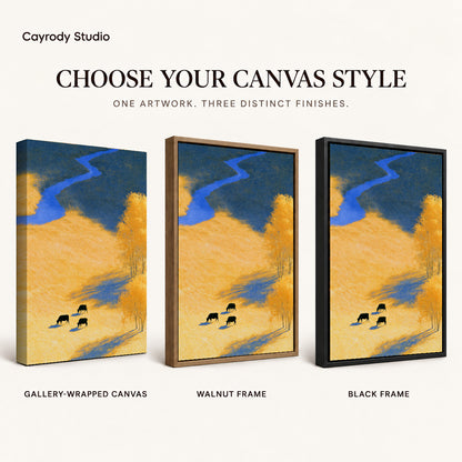 golden meadow cows canvas art compared across gallery-wrapped canvas, walnut frame, and black frame finishes.