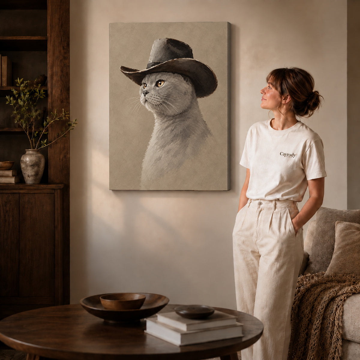 quiet cowboy cat canvas art on gallery-wrapped canvas with natural edge shading beside a standing woman.