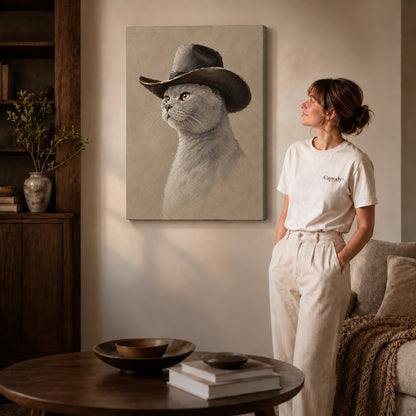 quiet cowboy cat canvas art on gallery-wrapped canvas with natural edge shading beside a standing woman.