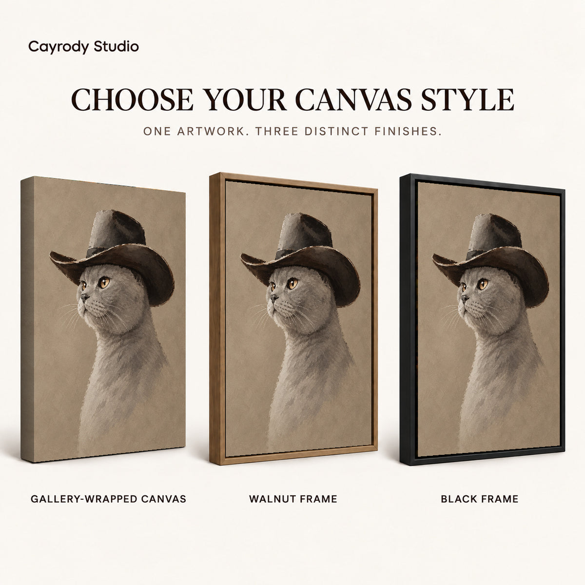 quiet cowboy cat canvas art compared across gallery-wrapped canvas, walnut frame, and black frame finishes.