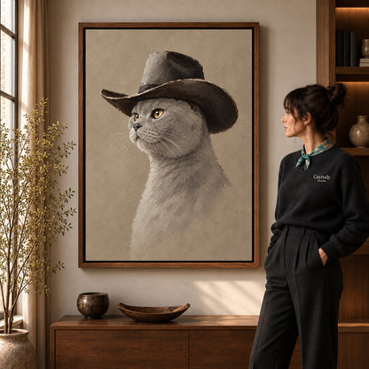 quiet cowboy cat canvas art shown in the walnut frame option within a warm living room.