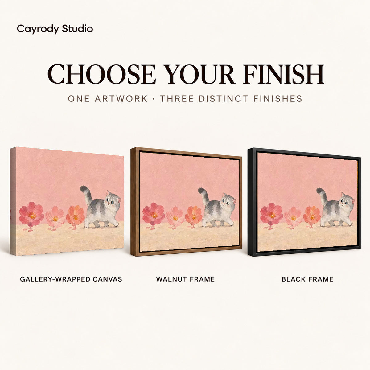 sweet blossom kitten canvas art compared across gallery-wrapped canvas, walnut frame, and black frame finishes.