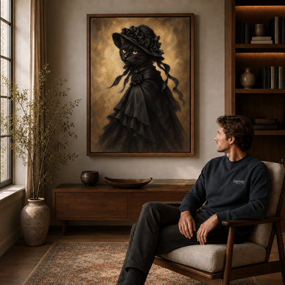 victorian bonnet cat canvas art in a walnut frame above a console beside a seated man.