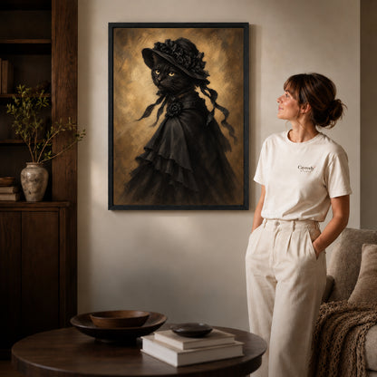 victorian bonnet cat canvas art in a black frame beside a woman and round wooden table.