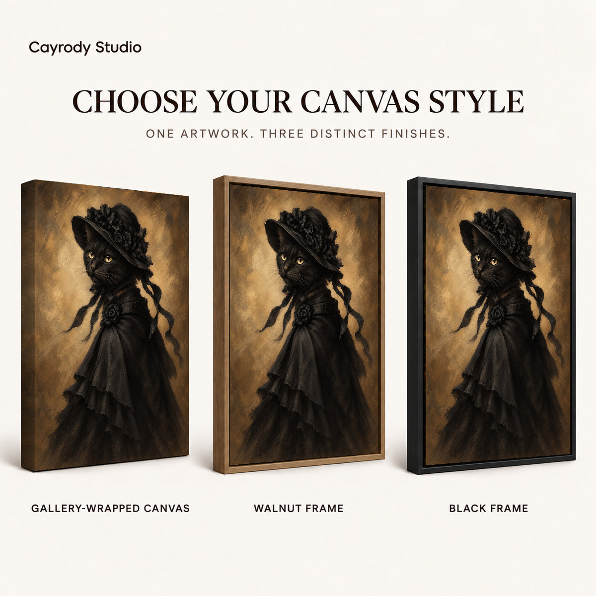 victorian bonnet cat canvas art compared across gallery-wrapped canvas, walnut frame, and black frame finishes.
