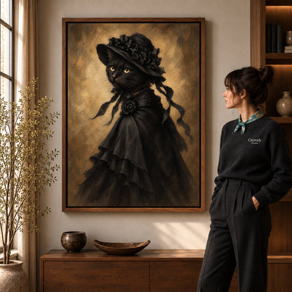 victorian bonnet cat canvas art shown in the walnut frame option within a warm living room.