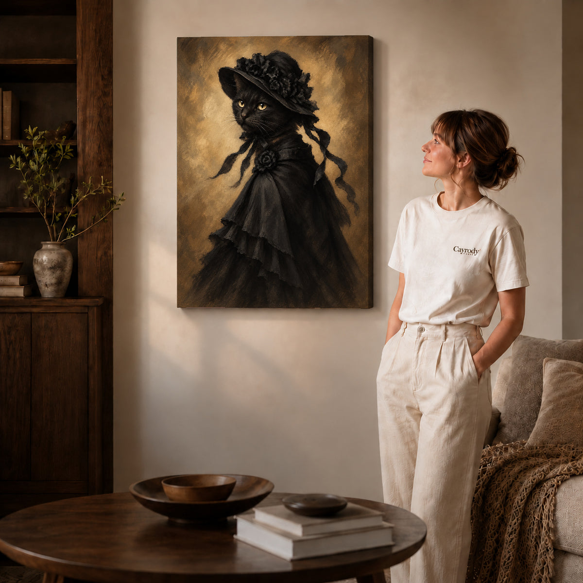 victorian bonnet cat canvas art shown in the gallery-wrapped option with visible depth and warm surroundings.