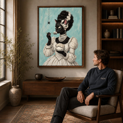 gothic cake cat canvas art in a walnut frame above a console beside a seated man.