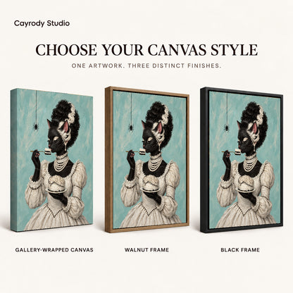 gothic cake cat canvas art compared across gallery-wrapped canvas, walnut frame, and black frame finishes.