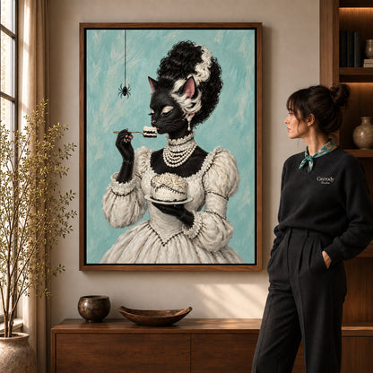 gothic cake cat canvas art shown in the walnut frame option within a warm living room.