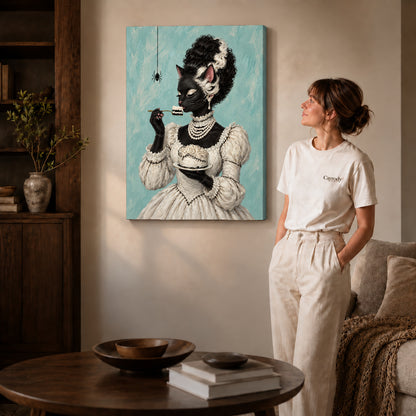 gothic cake cat canvas art shown in the gallery-wrapped option with visible depth and warm surroundings.