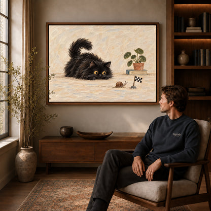 curious cat snail race canvas art in a walnut frame above a console beside a seated man.