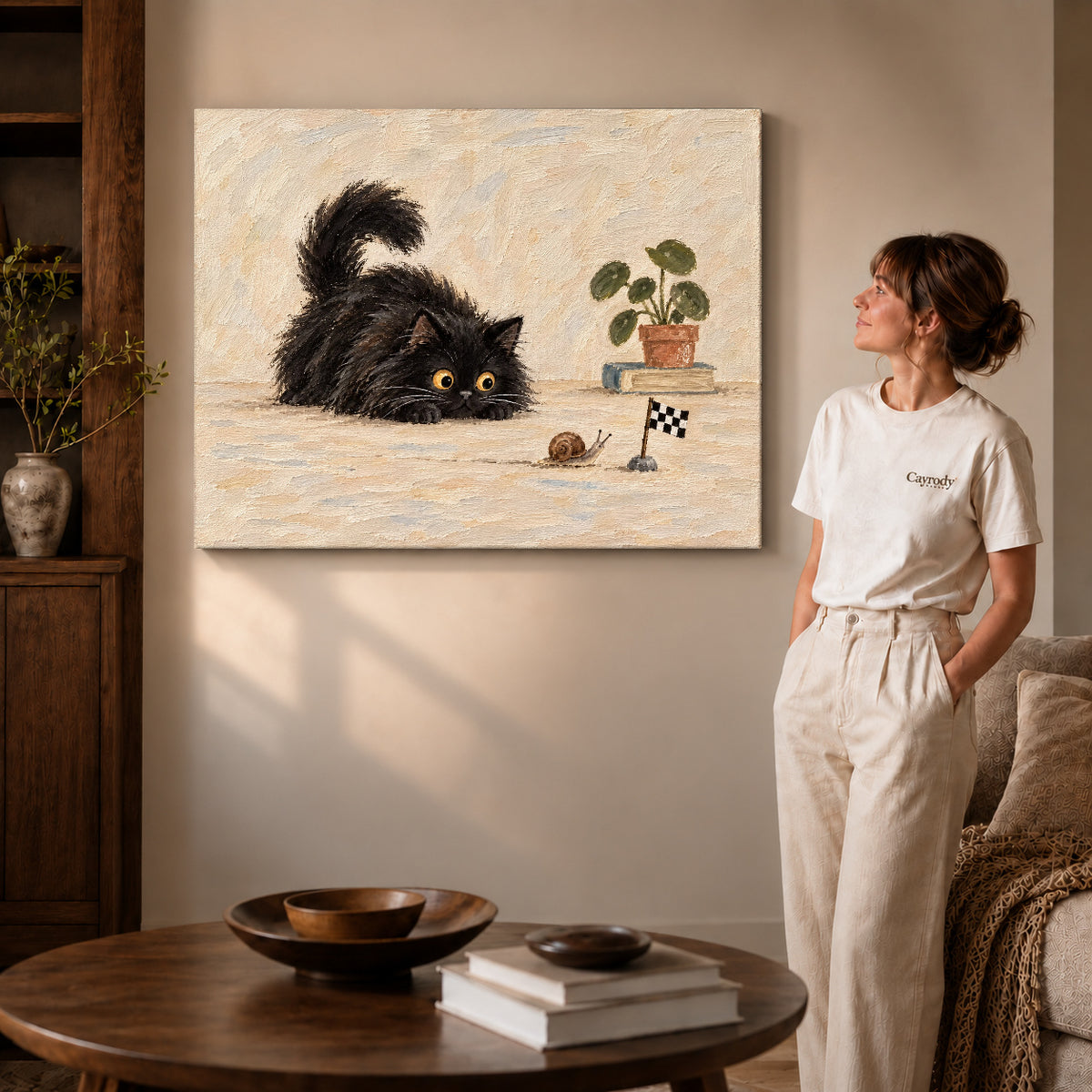 curious cat snail race canvas art on gallery-wrapped canvas with visible edge depth beside a standing woman.