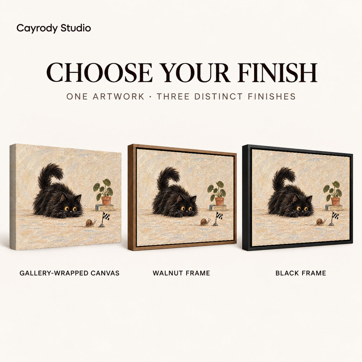 curious cat snail race canvas art compared across gallery-wrapped canvas, walnut frame, and black frame finishes.
