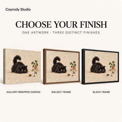 curious cat snail race canvas art compared across gallery-wrapped canvas, walnut frame, and black frame finishes.