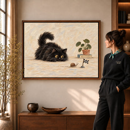 curious cat snail race canvas art shown in the walnut frame option within a warm living room.