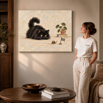 curious cat snail race canvas art shown in the gallery-wrapped option with natural side shading and warm surroundings.