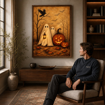 autumn ghost companions canvas art in a walnut frame above a console beside a seated man.