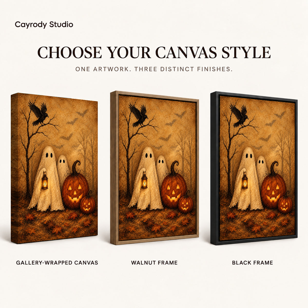 autumn ghost companions canvas art compared across gallery-wrapped canvas, walnut frame, and black frame finishes.