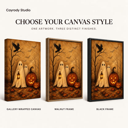 autumn ghost companions canvas art compared across gallery-wrapped canvas, walnut frame, and black frame finishes.