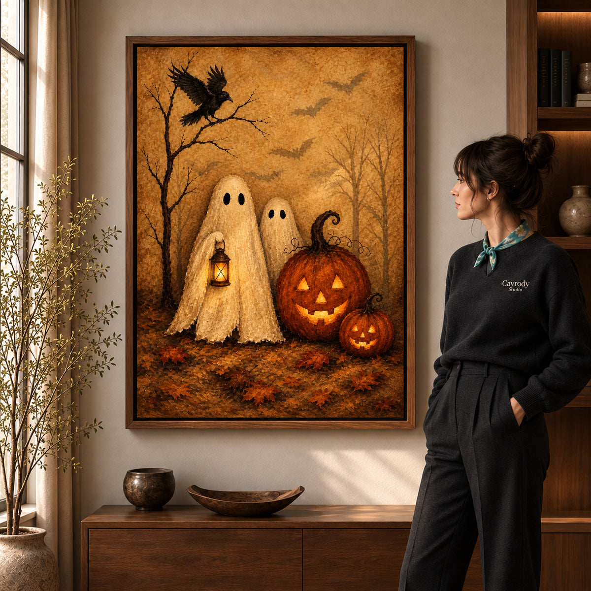 autumn ghost companions canvas art shown in the walnut frame option within a warm living room.