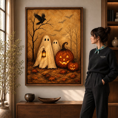 autumn ghost companions canvas art shown in the walnut frame option within a warm living room.