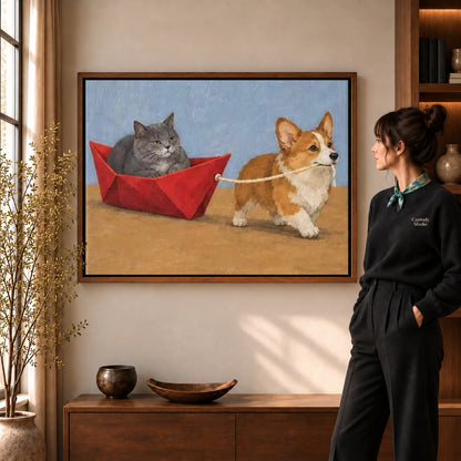 corgi cat boat adventure canvas art in a walnut frame beside a standing woman and wooden console.