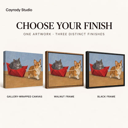 corgi cat boat adventure canvas art compared across gallery-wrapped canvas, walnut frame, and black frame finishes.
