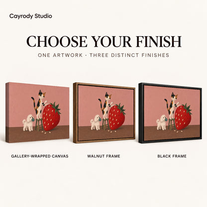 strawberry sewing friends canvas art compared across gallery-wrapped canvas, walnut frame, and black frame finishes.