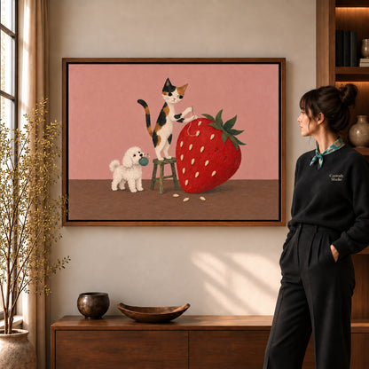 strawberry sewing friends canvas art shown in the walnut frame option within a warm living room.