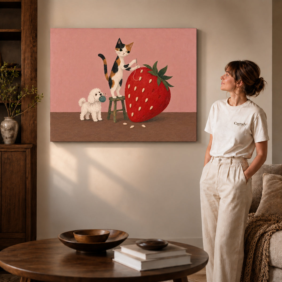 strawberry sewing friends canvas art shown in the gallery-wrapped option with natural side shading and warm surroundings.