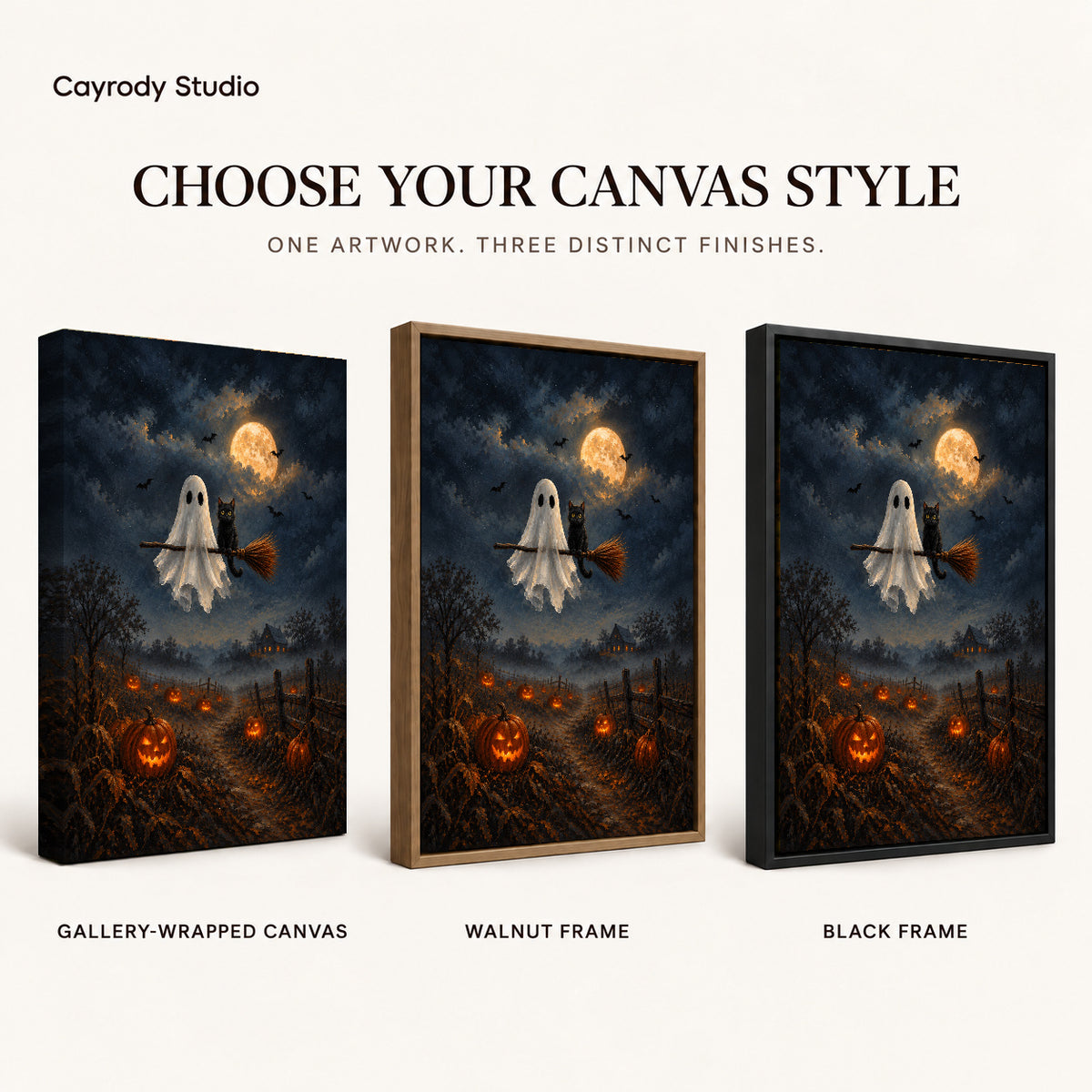 moonlit ghost cat ride canvas art compared across gallery-wrapped canvas, walnut frame, and black frame finishes.