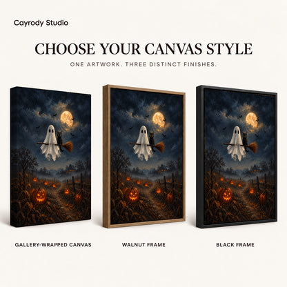 moonlit ghost cat ride canvas art compared across gallery-wrapped canvas, walnut frame, and black frame finishes.