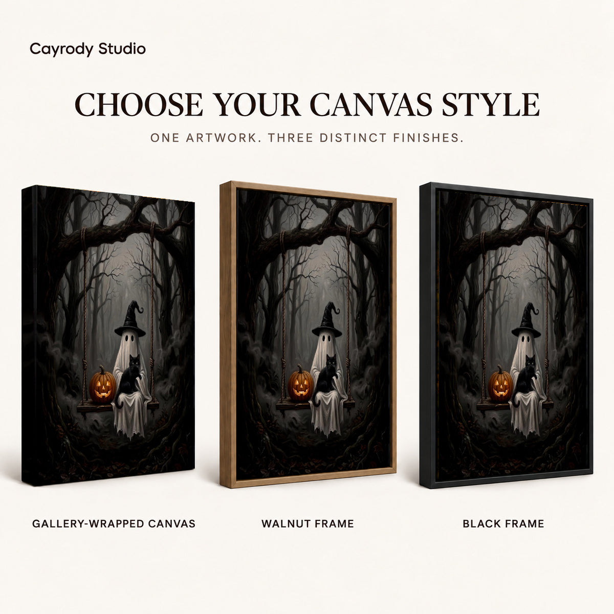 woodland ghost cat swing canvas art compared across gallery-wrapped canvas, walnut frame, and black frame finishes.