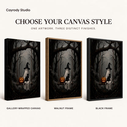 woodland ghost cat swing canvas art compared across gallery-wrapped canvas, walnut frame, and black frame finishes.