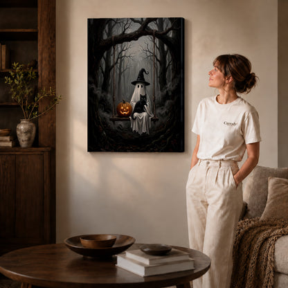 woodland ghost cat swing canvas art shown in the gallery-wrapped option with visible depth and warm surroundings.