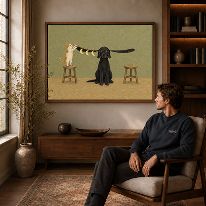 moon hanging pet friends canvas art in a walnut frame above a console beside a seated man.