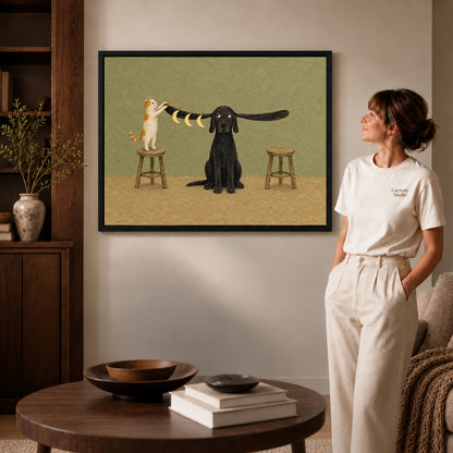 moon hanging pet friends canvas art in a black frame beside a woman and round wooden table.