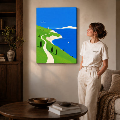 bright coastal path canvas art on gallery-wrapped canvas with natural edge shading beside a standing woman.