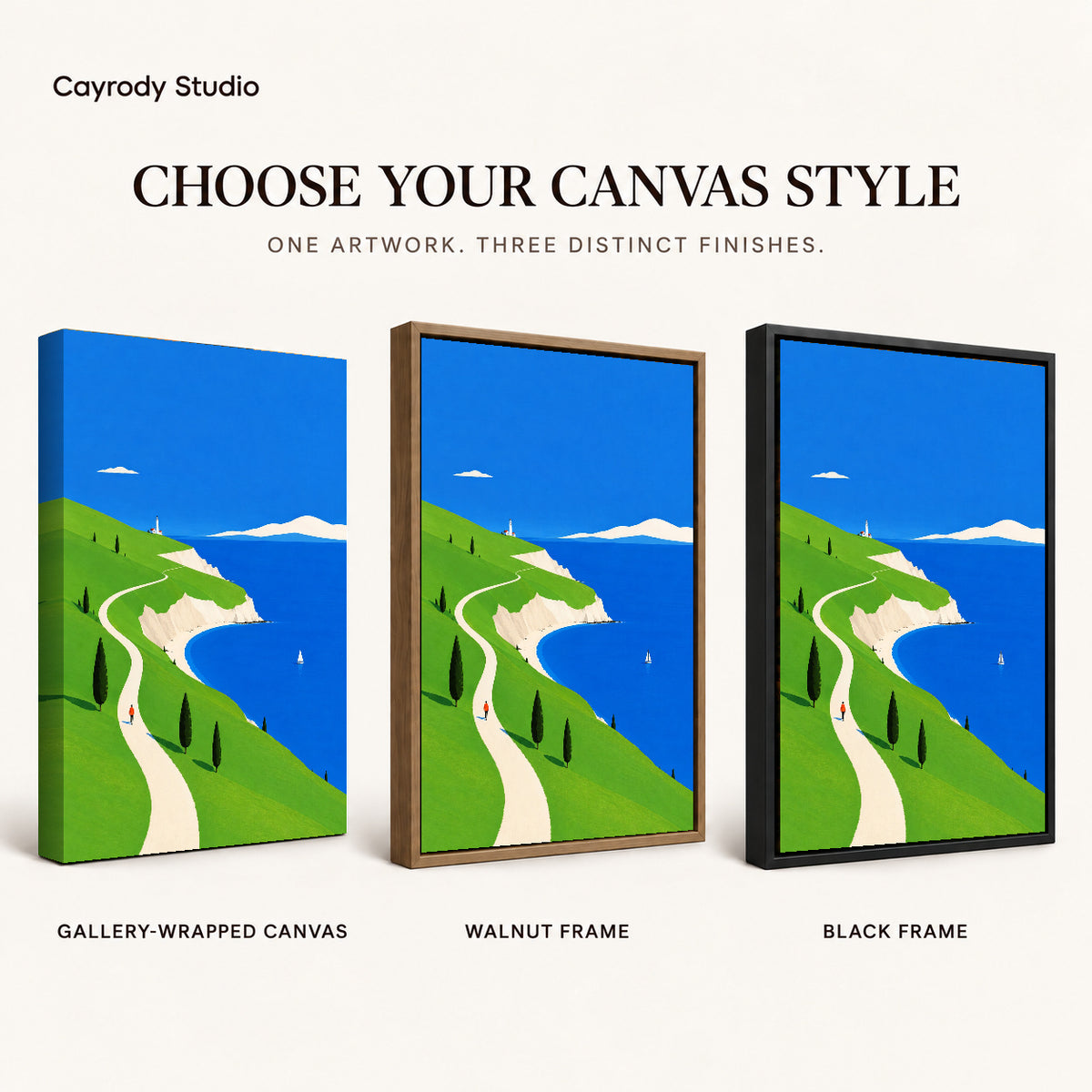 bright coastal path canvas art compared across gallery-wrapped canvas, walnut frame, and black frame finishes.