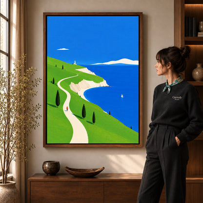 bright coastal path canvas art shown in the walnut frame option within a warm living room.
