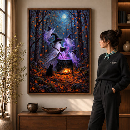 woodland ghost gathering canvas art in a walnut frame beside a standing woman and wooden console.
