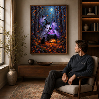 woodland ghost gathering canvas art in a walnut frame above a console beside a seated man.