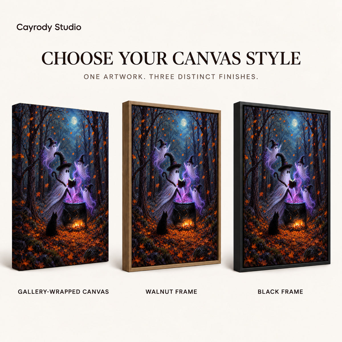 woodland ghost gathering canvas art compared across gallery-wrapped canvas, walnut frame, and black frame finishes.