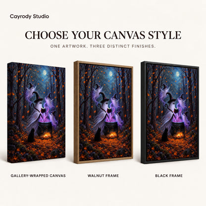 woodland ghost gathering canvas art compared across gallery-wrapped canvas, walnut frame, and black frame finishes.