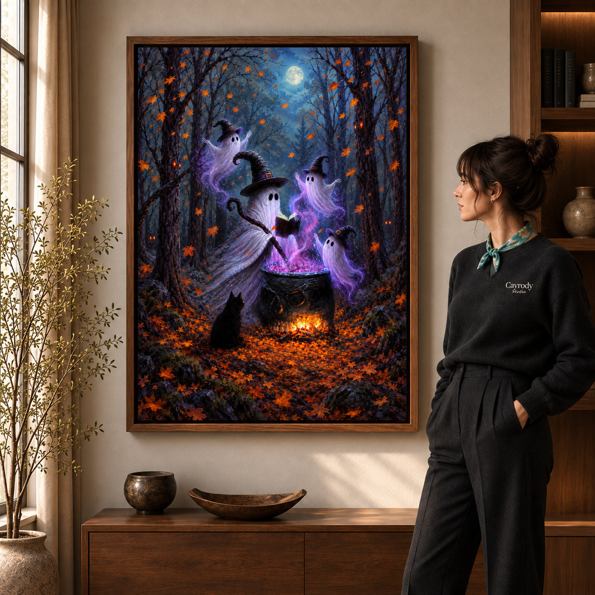 woodland ghost gathering canvas art shown in the walnut frame option within a warm living room.